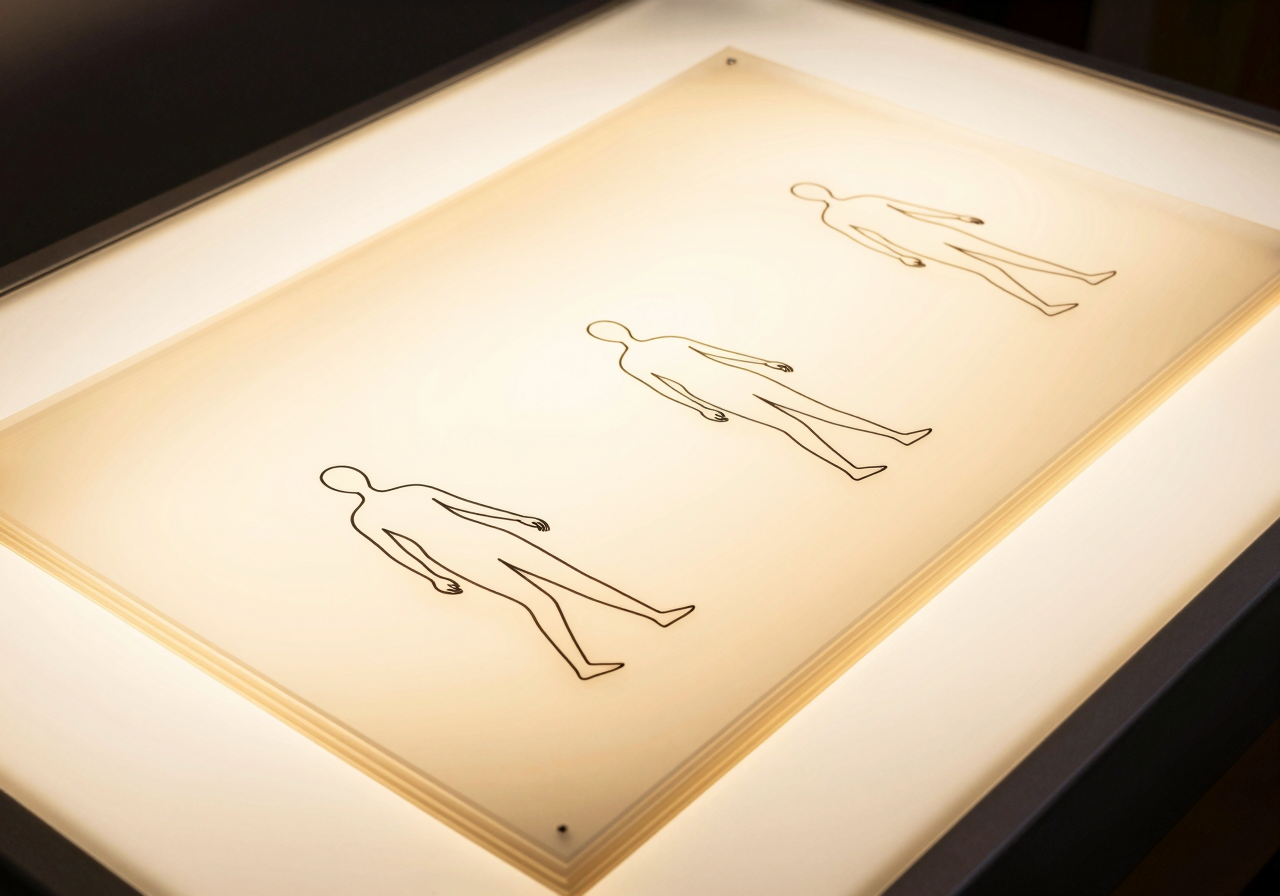 Several translucent sheets stacked in depth, each carrying a slightly shifted drawing of a figure mid-stride