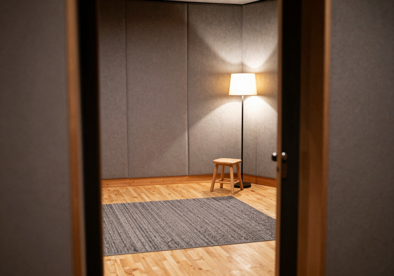 A small carpeted recording room with acoustic panels and a lamp, seen from the doorway