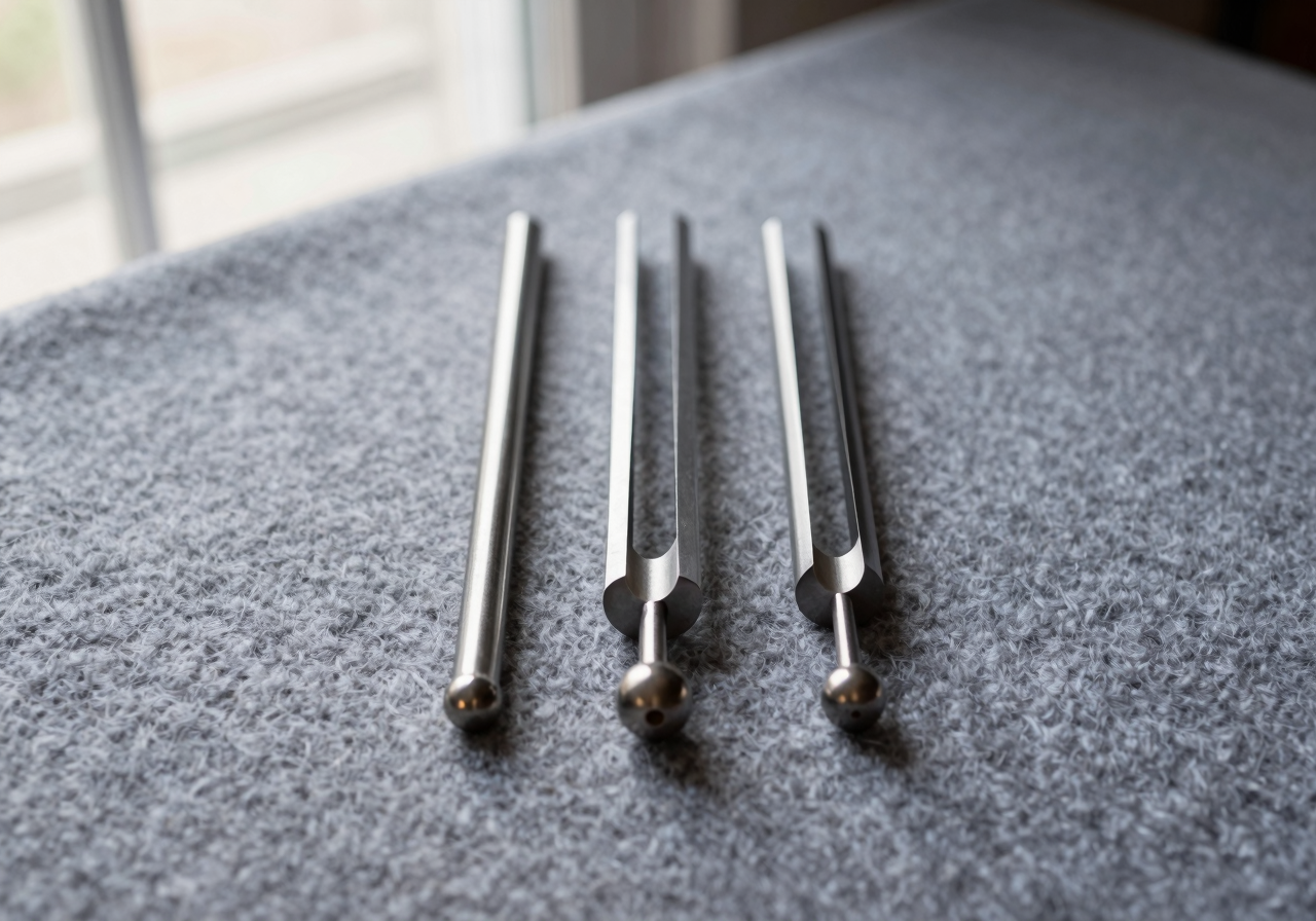 Three tuning forks of different sizes lying on grey felt