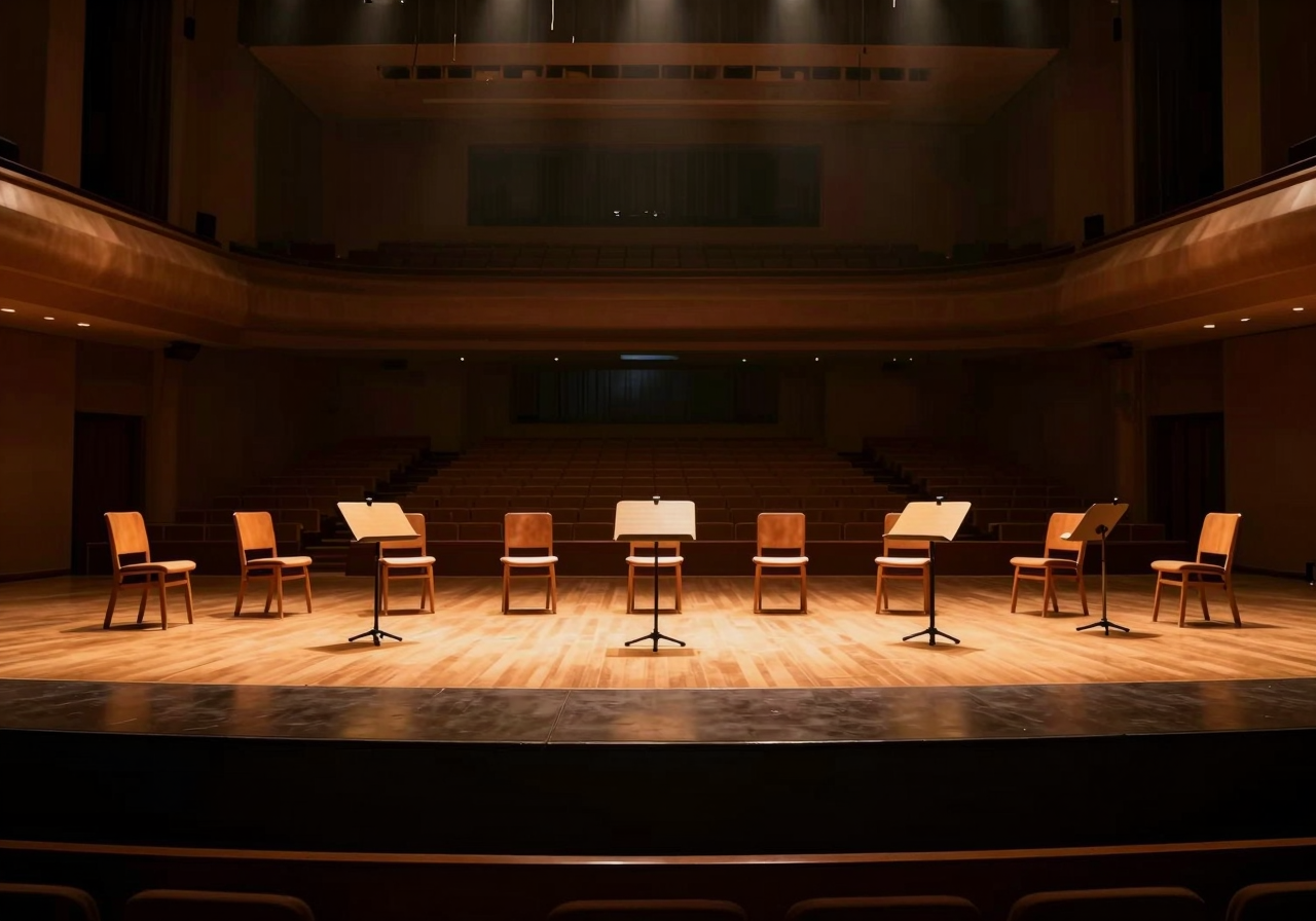 An empty concert stage with chairs and bare music stands in curved rows under warm light