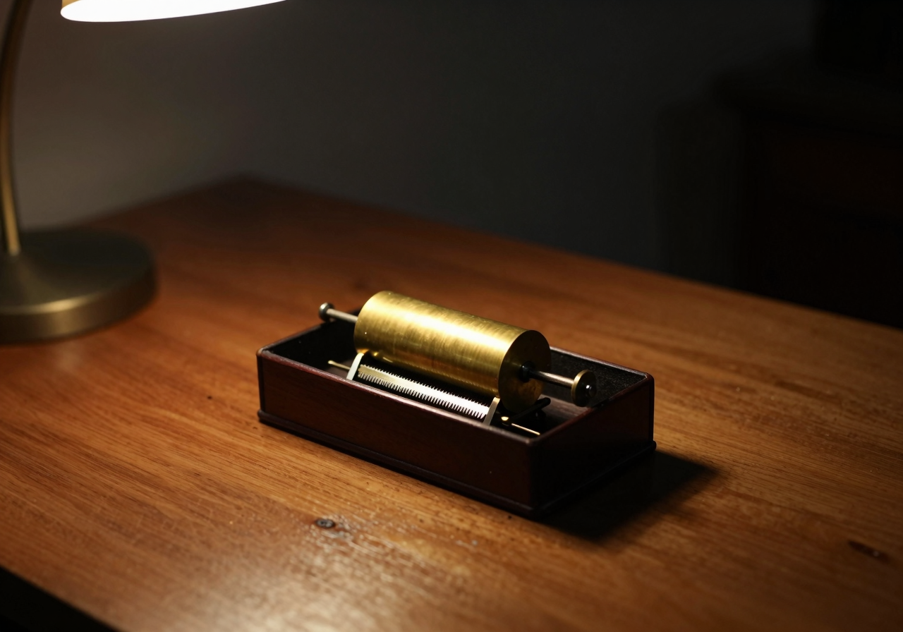 The open brass cylinder and steel comb of a music box mechanism on a wooden table