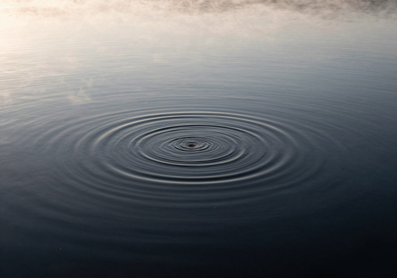 Concentric ripples spreading across still dark water at first light