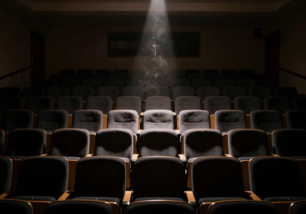 A narrow beam of light picking out one empty seat in a dark auditorium