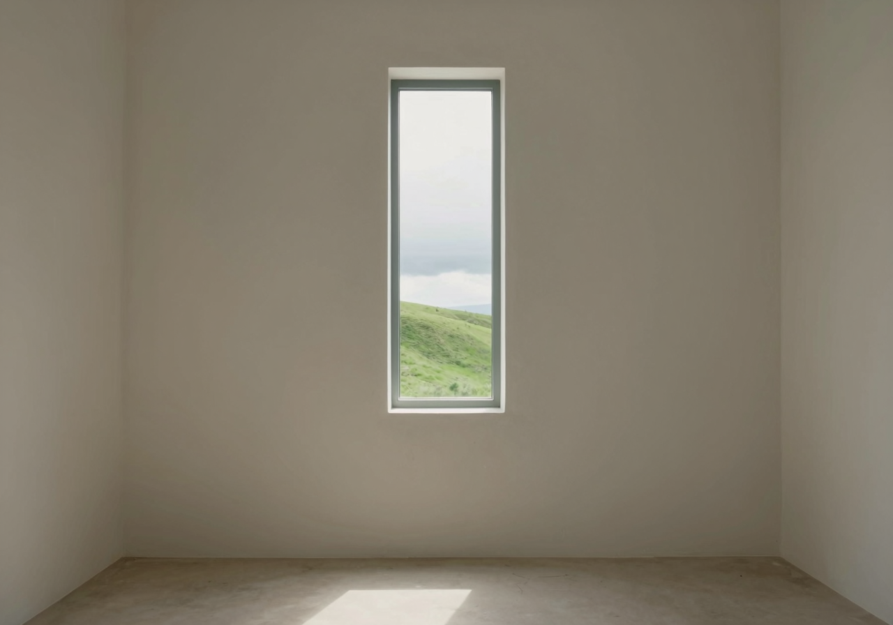 A tall window in a bare plaster room showing a narrow slice of hillside