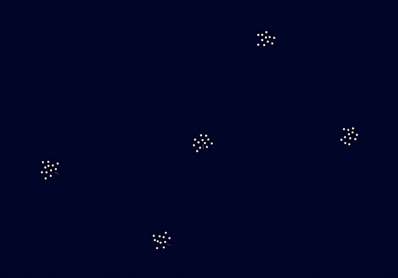 A dark star chart of pale dots, some drawn into tight clusters by thin lines