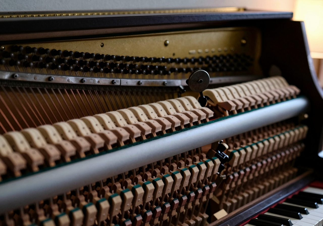 The open interior of an upright piano, rows of strings and felt hammers under lamp light