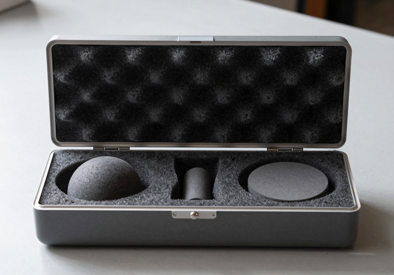 A single open case lined with grey foam cut with recesses that hold smooth plain objects