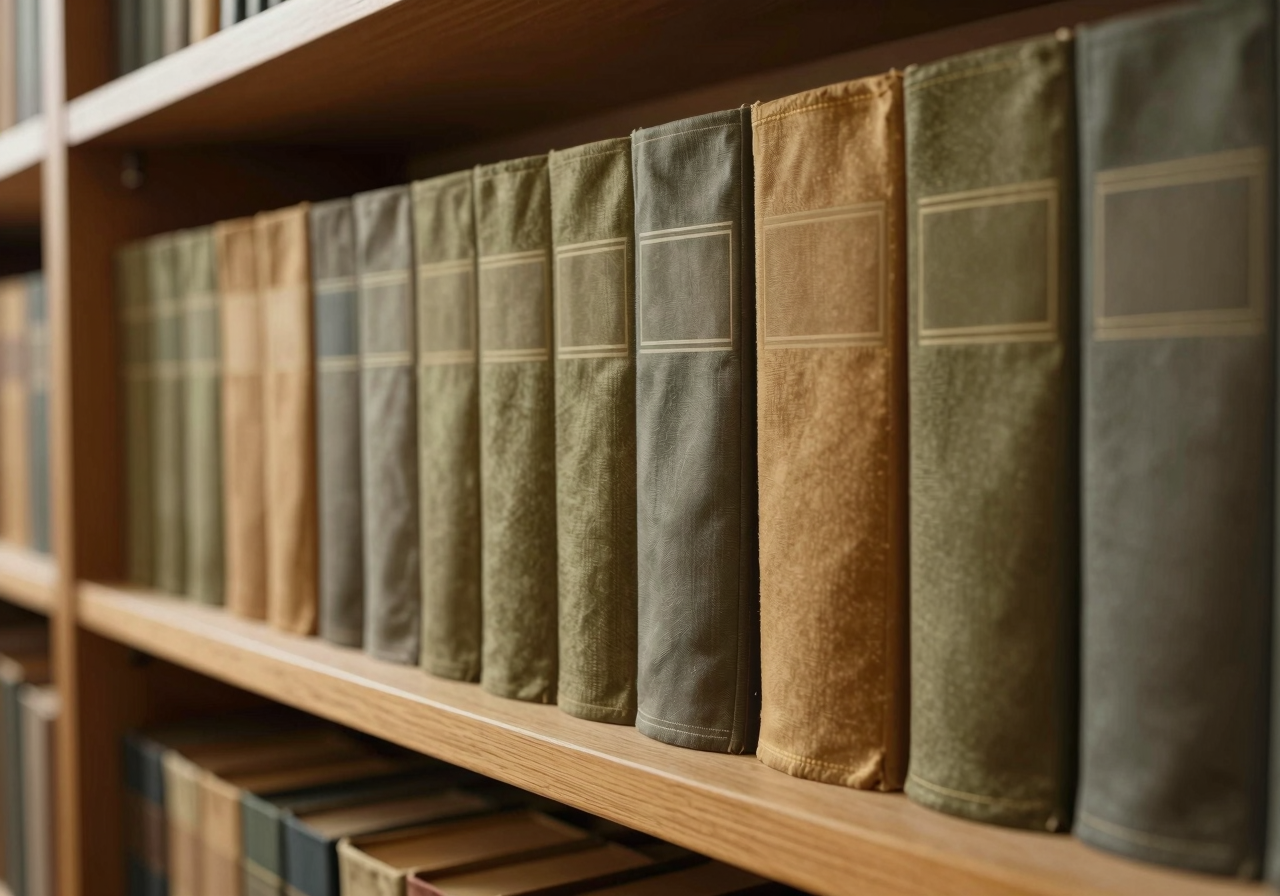A long low shelf of plain unmarked cloth-bound volumes in muted colours