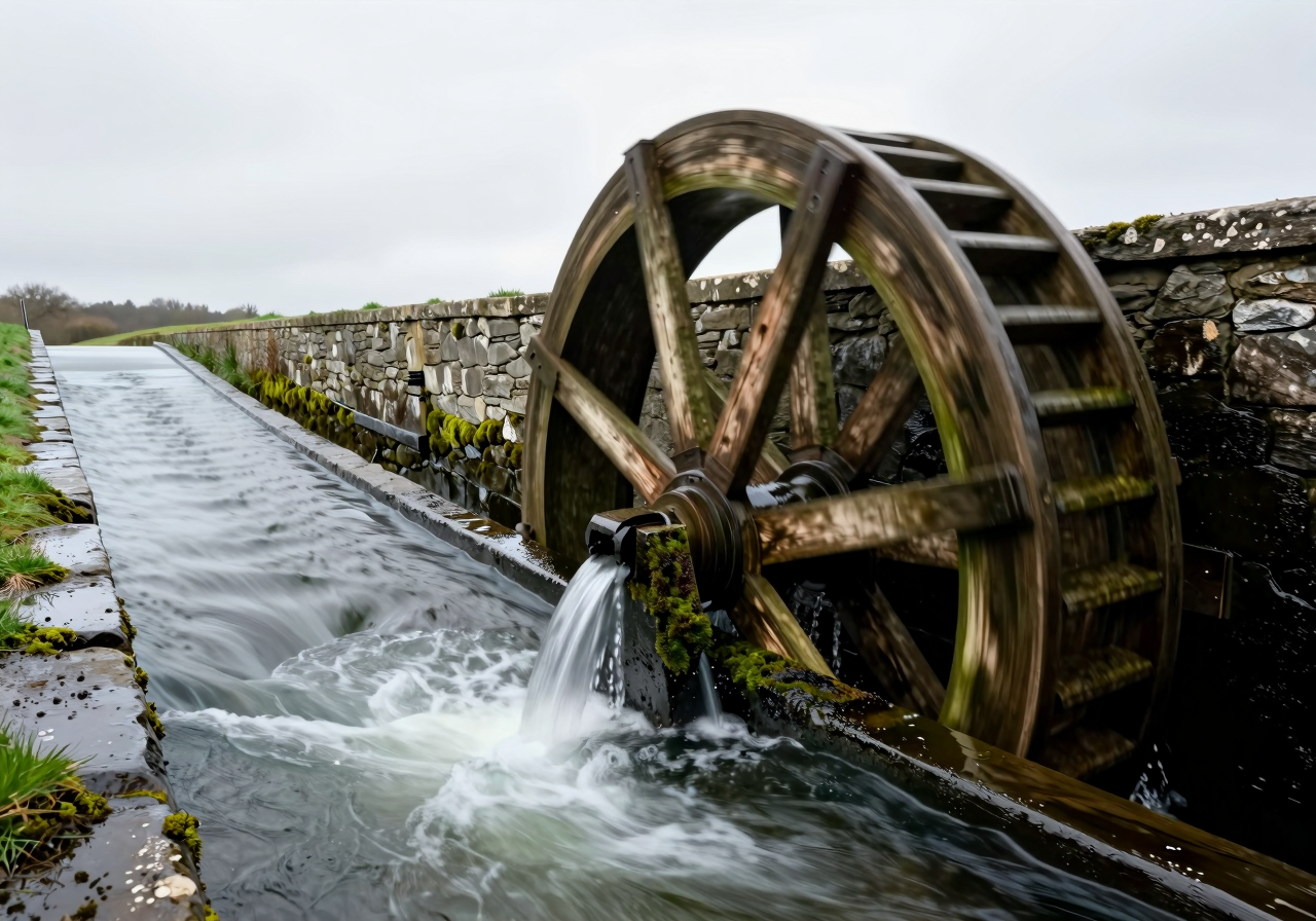 Water running steadily through a narrow stone channel to turn a wooden mill wheel