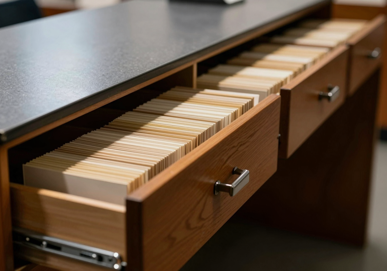 An open wooden card index drawer packed tightly with worn paper cards