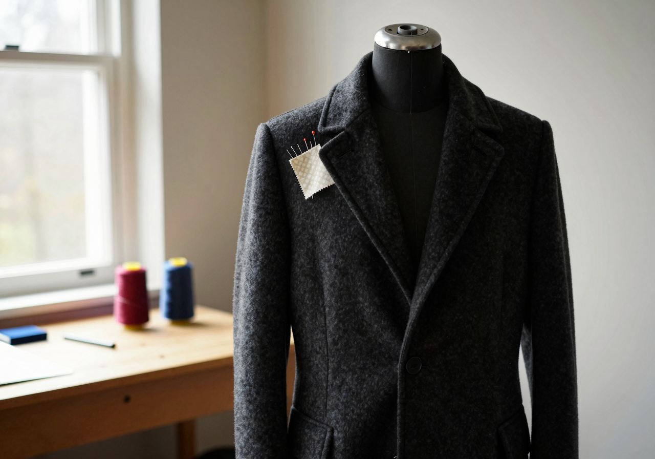 A small square of patterned cloth pinned to the shoulder of a finished coat on a tailor's dress form