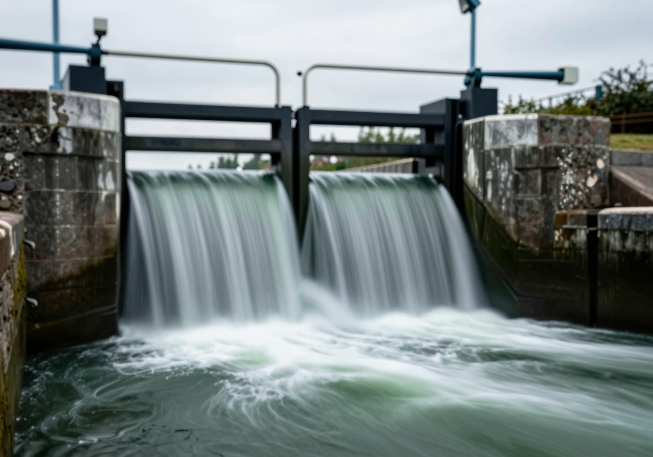 Water pouring fast through the raised gate of an old stone canal sluice