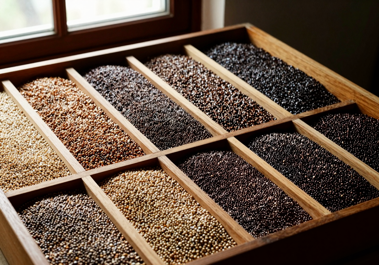 Shallow wooden trays on a bench holding thousands of tiny sorted seeds