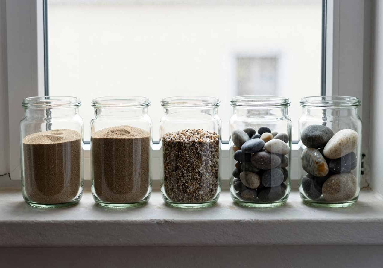 A row of glass jars on a windowsill, filled with sand, gravel and pebbles from fine to coarse