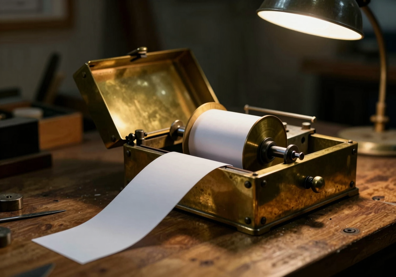 A brass music box mechanism with a punched paper roll feeding through it