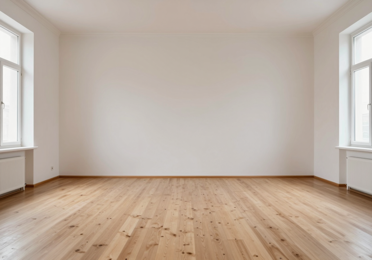 A long open room where a dividing wall has been removed, its outline still marked on the floorboards