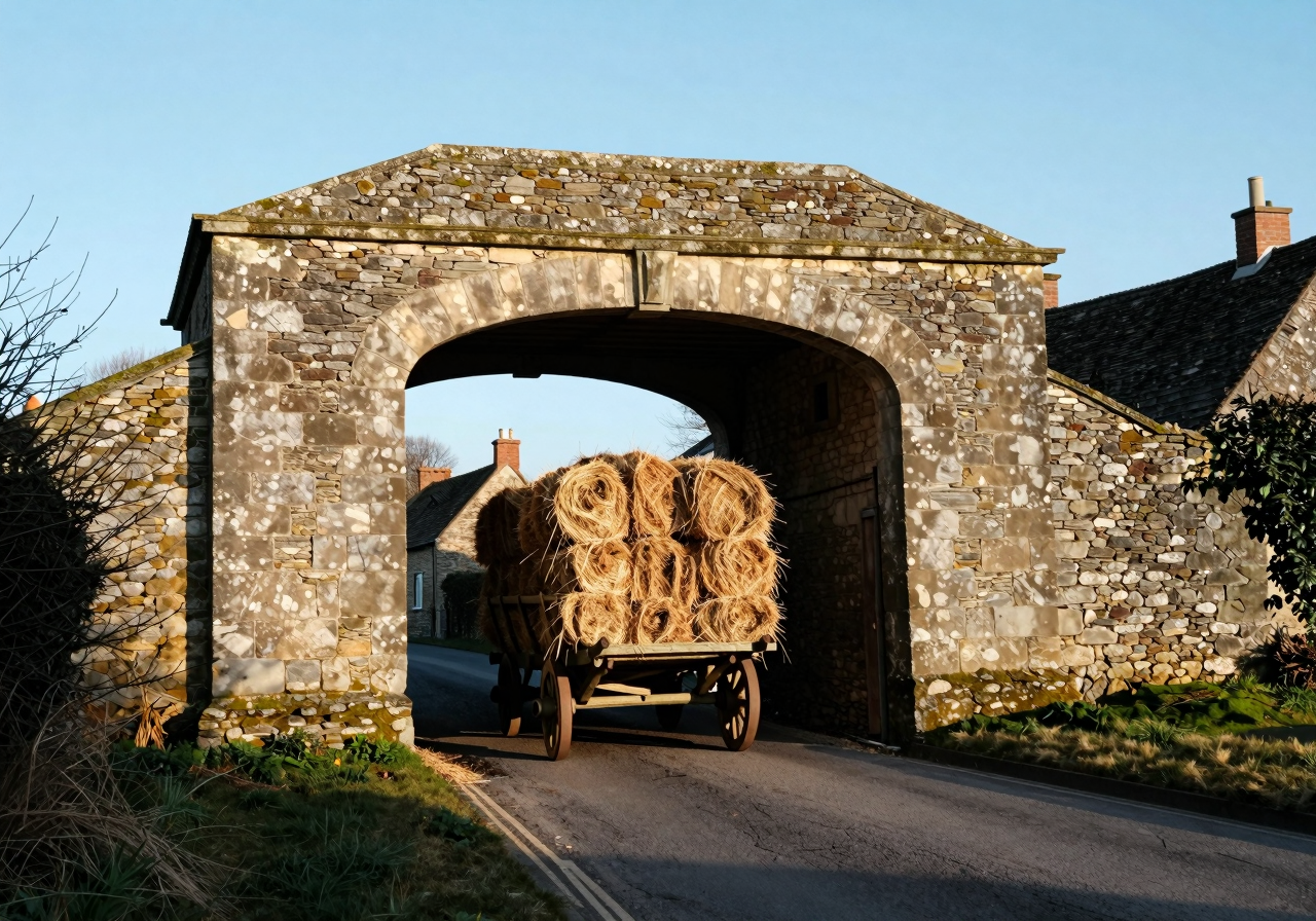 A loaded hay wagon halted beneath a low stone archway at the end of a lane