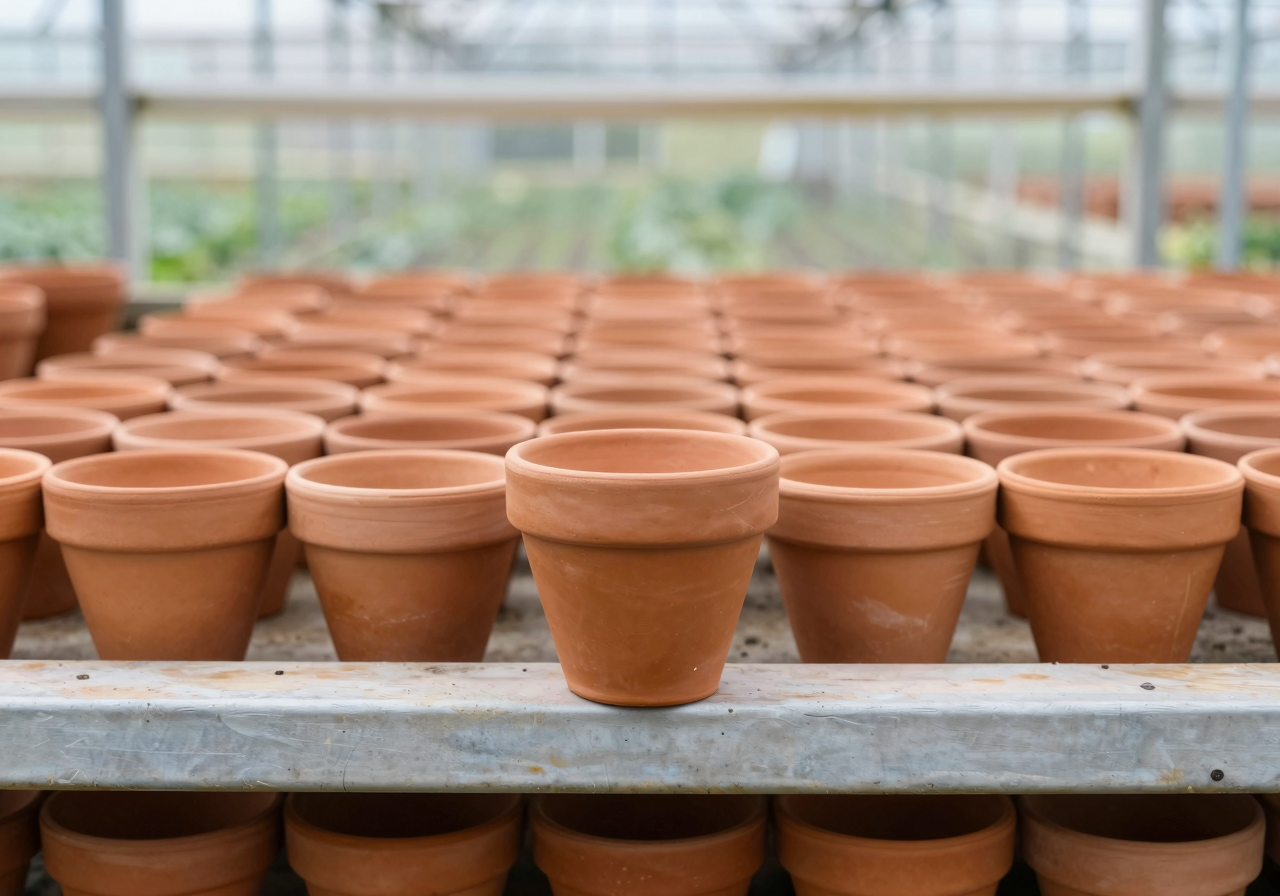 Rows of small identical terracotta pots on a greenhouse bench with one pot lifted out and set apart