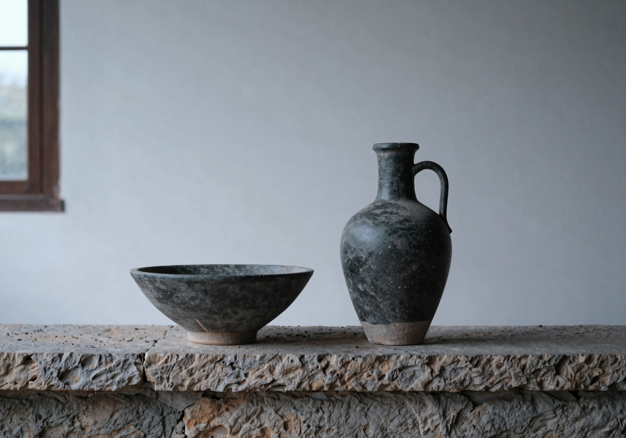 A tall narrow stoneware jug and a wide shallow bowl standing side by side on a stone ledge in daylight