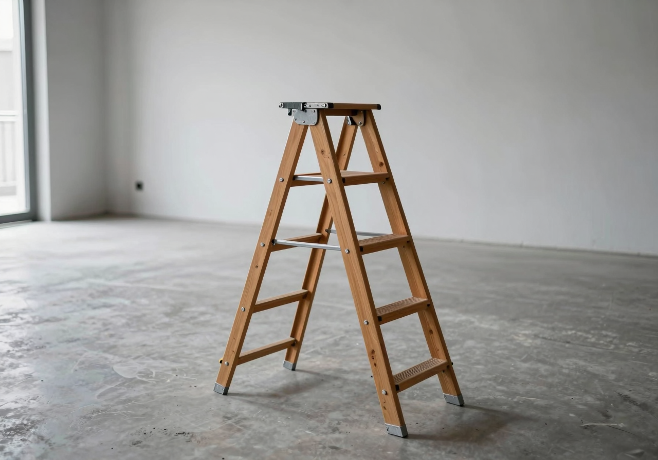 A folding wooden stepladder standing open in the middle of an empty workshop, morning light across the floor
