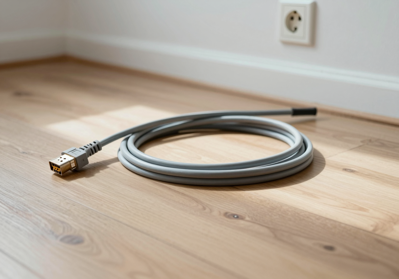 A loosely coiled network cable lying unplugged on a bare wooden floor beside an empty wall socket