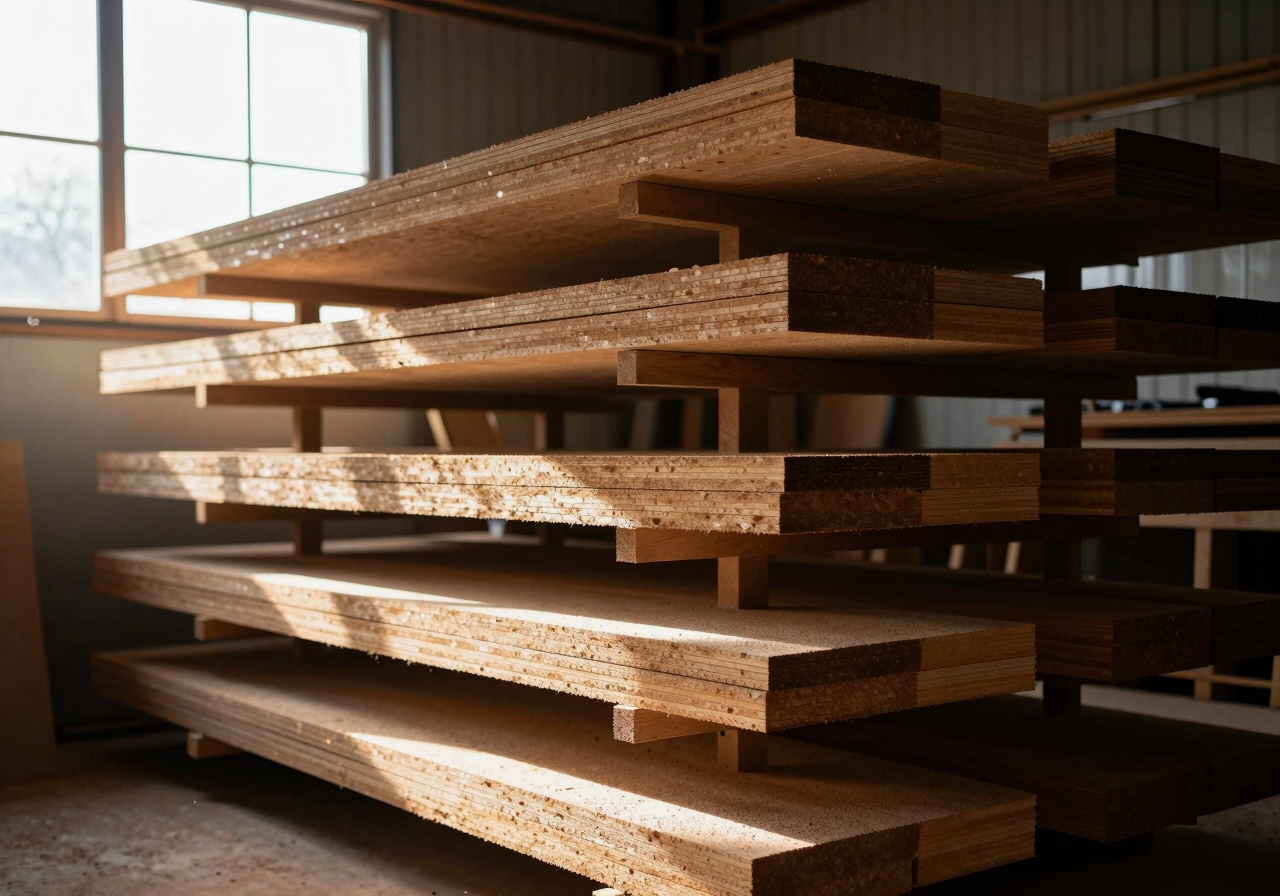 Sawn timber sorted by length on a tall workshop rack, lit by afternoon light through a high window