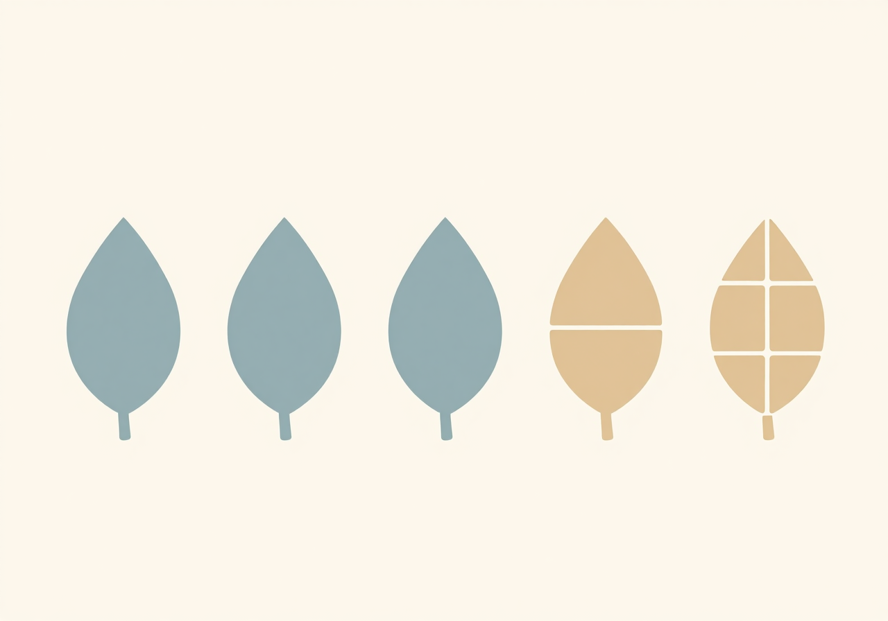 The same simple leaf shape repeated across a pale panel, rendered in mosaic tiles that grow coarser from left to right