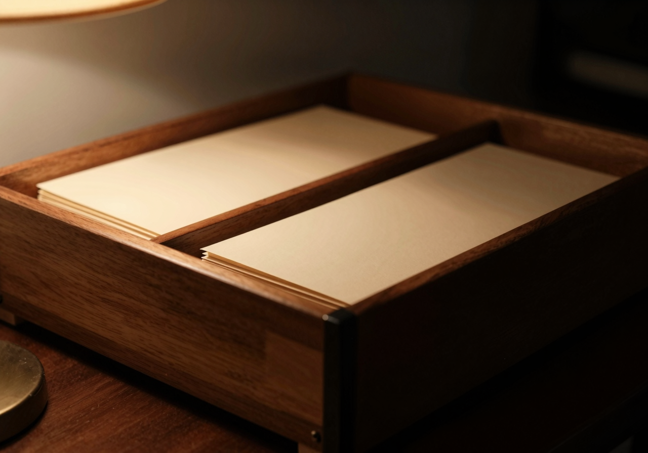 A wooden card index drawer pulled open on a desk under a lamp, the filing cards inside blank and unmarked