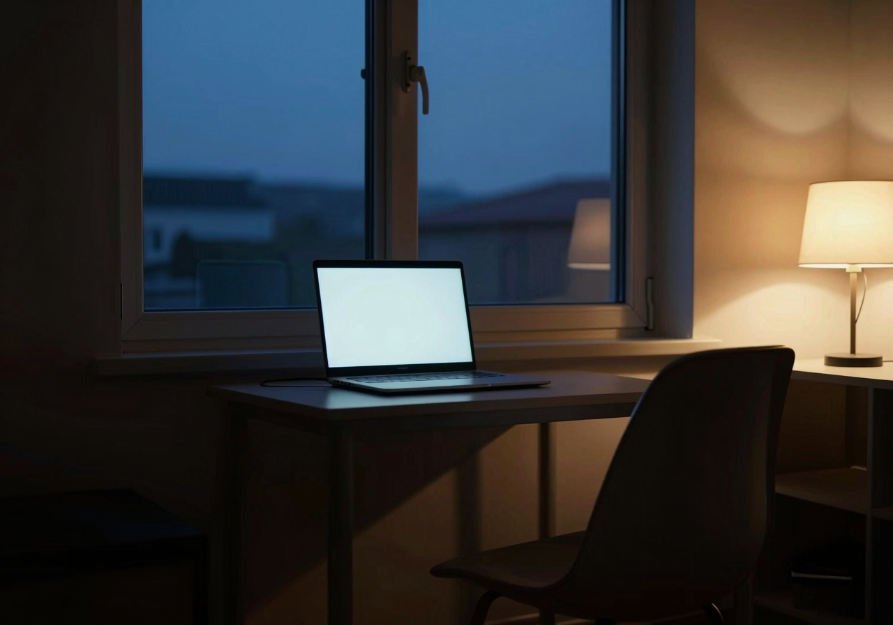 An open laptop glowing faintly on a small table by a window, seen from across a dim room at dusk