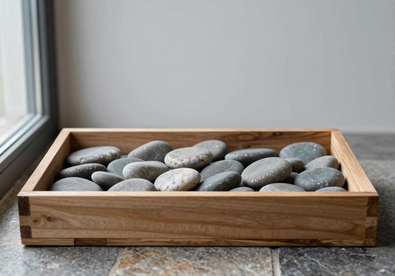 A shallow wooden crate filled with smooth river stones stacked to just below its rim, leaving a band of empty space