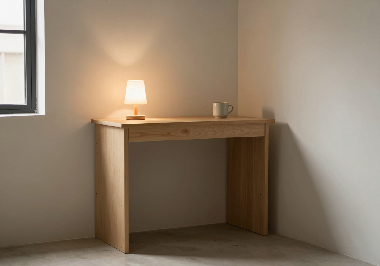 A small desk tucked into the corner of a plain room with a single lit lamp and a mug