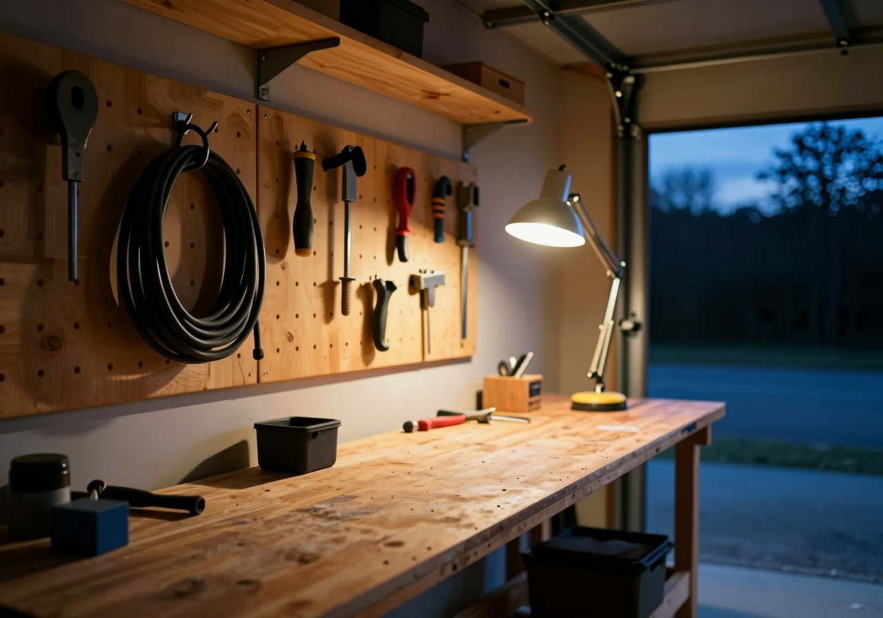 A long workbench in a garage at dusk with coiled cables, a pegboard of tools and one angled work lamp