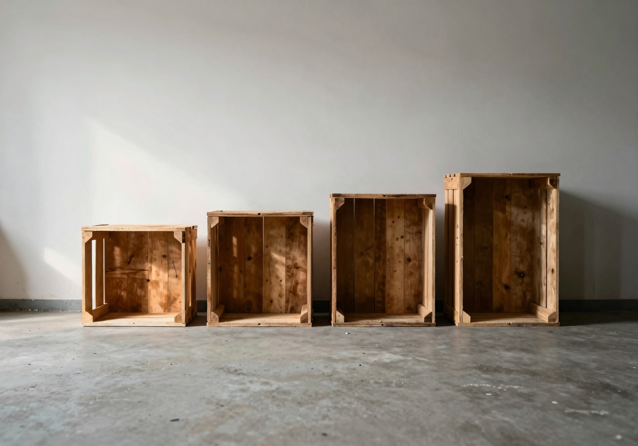 Four empty wooden crates of increasing size standing in a row on a workshop floor