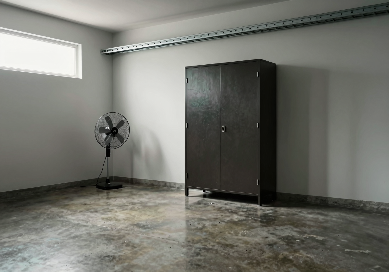A small bare studio room with a tall dark equipment cabinet, overhead cable tray and a floor fan in cool morning light