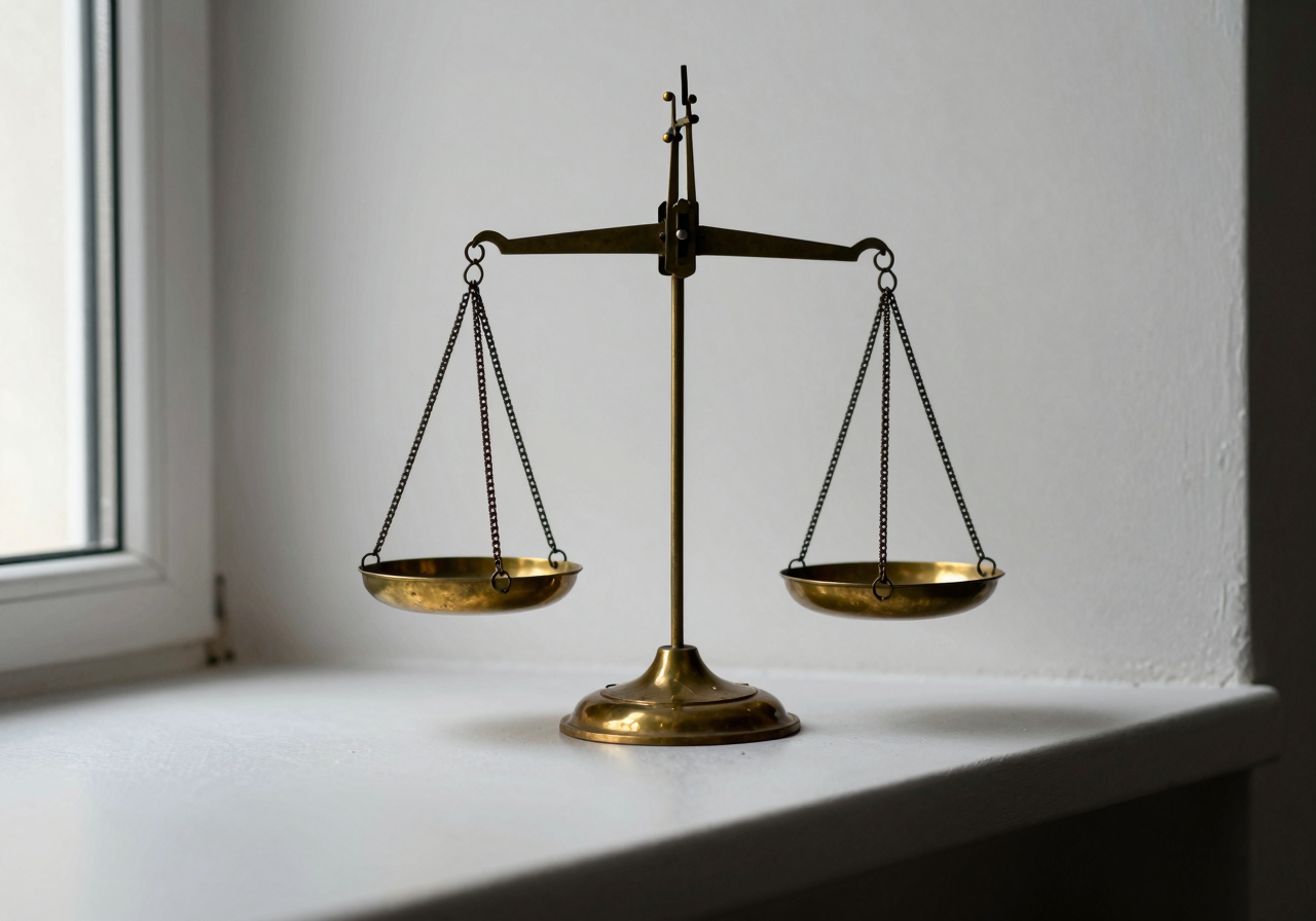 An old brass balance scale on a windowsill with two empty pans, one hanging slightly lower
