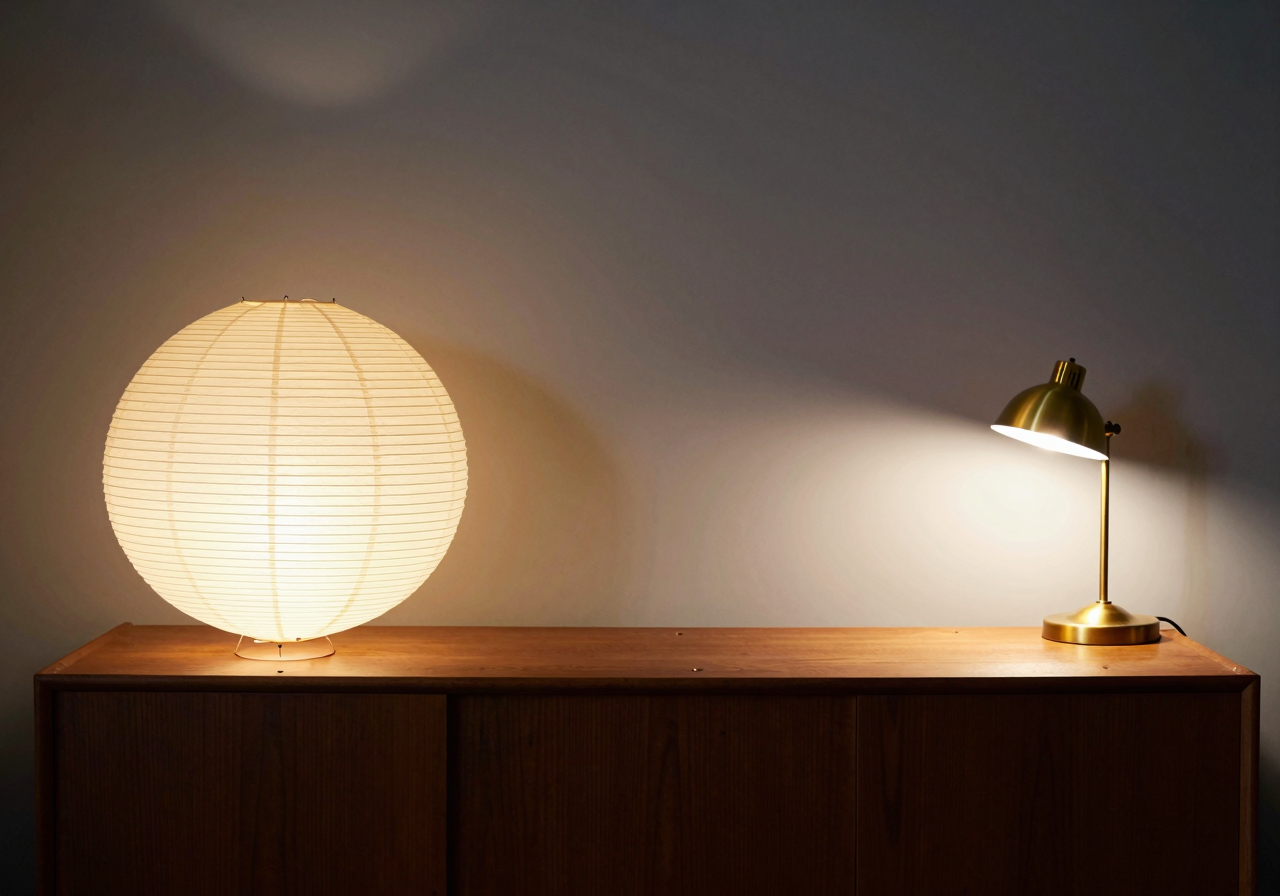 A large paper lantern glowing softly beside a small brass desk lamp casting a hard bright pool of light on a dark sideboard