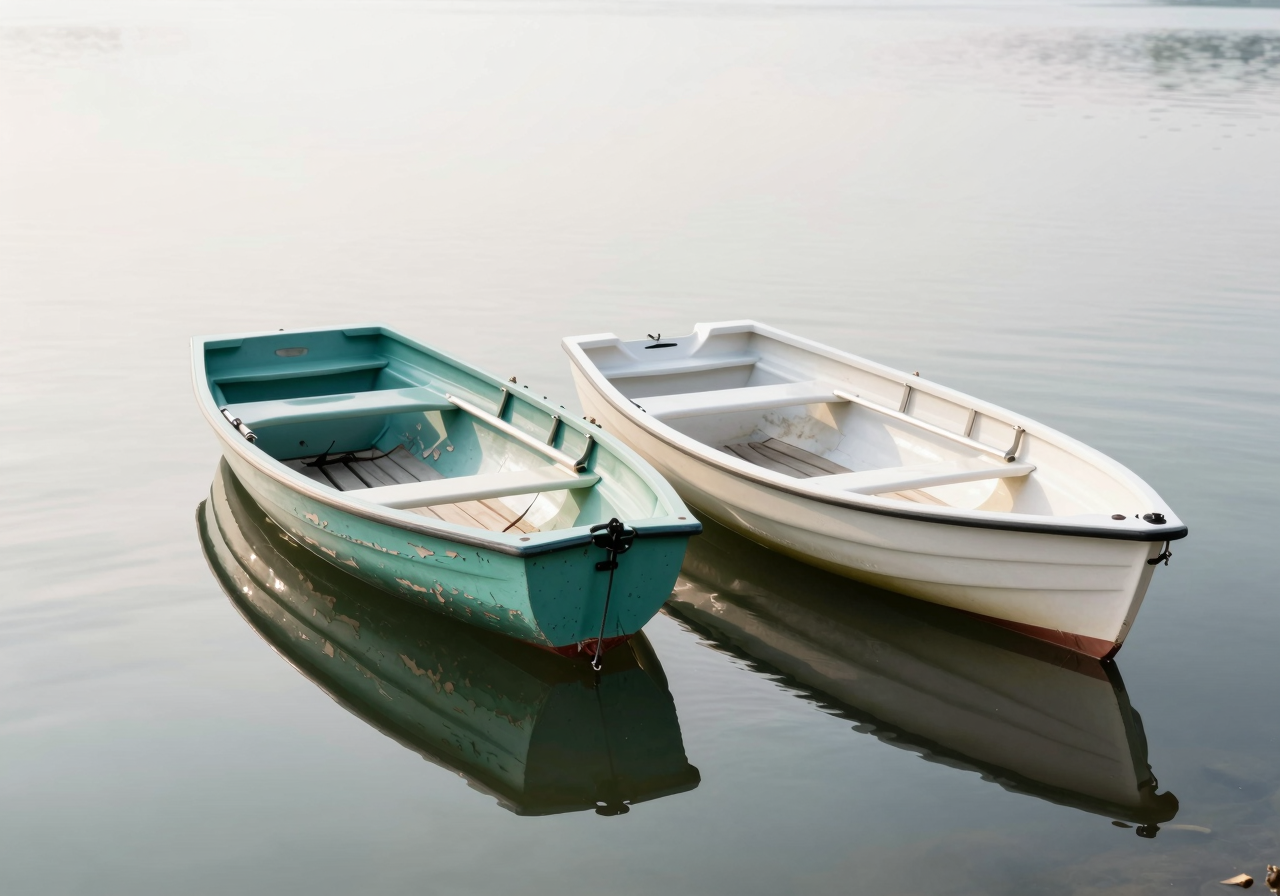 Two rowing boats of the same size moored side by side on still water, one weathered and one freshly painted