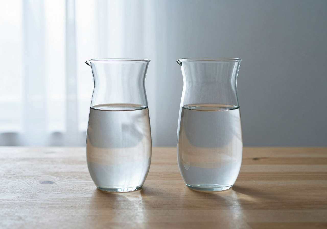 Two clear glass water jugs of different heights side by side on a pale table, backlit