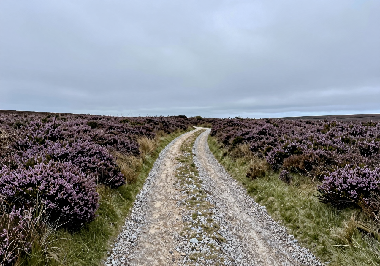 A gravel track across open heath splitting into a broad worn path and a narrower grassy one under overcast sky