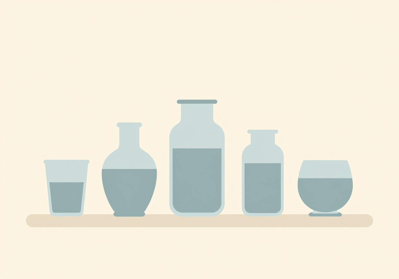 Five glass vessels of different sizes in a row on a shelf, each holding a different level of blue liquid