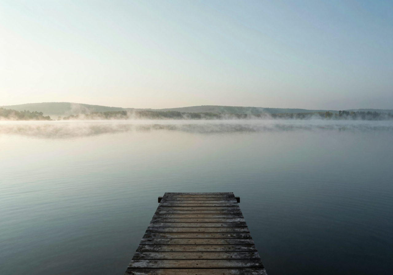 A still lake at first light with mist over the water and a single wooden jetty