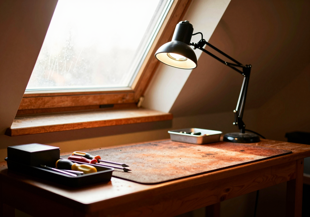 A well-used repair bench in an attic room with hand tools and a magnifier lamp in low afternoon sun