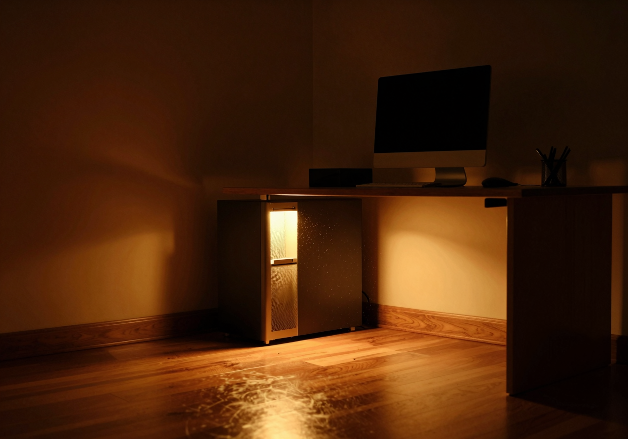 Warm amber light glowing through the mesh side of a dark computer tower under a desk in an unlit room