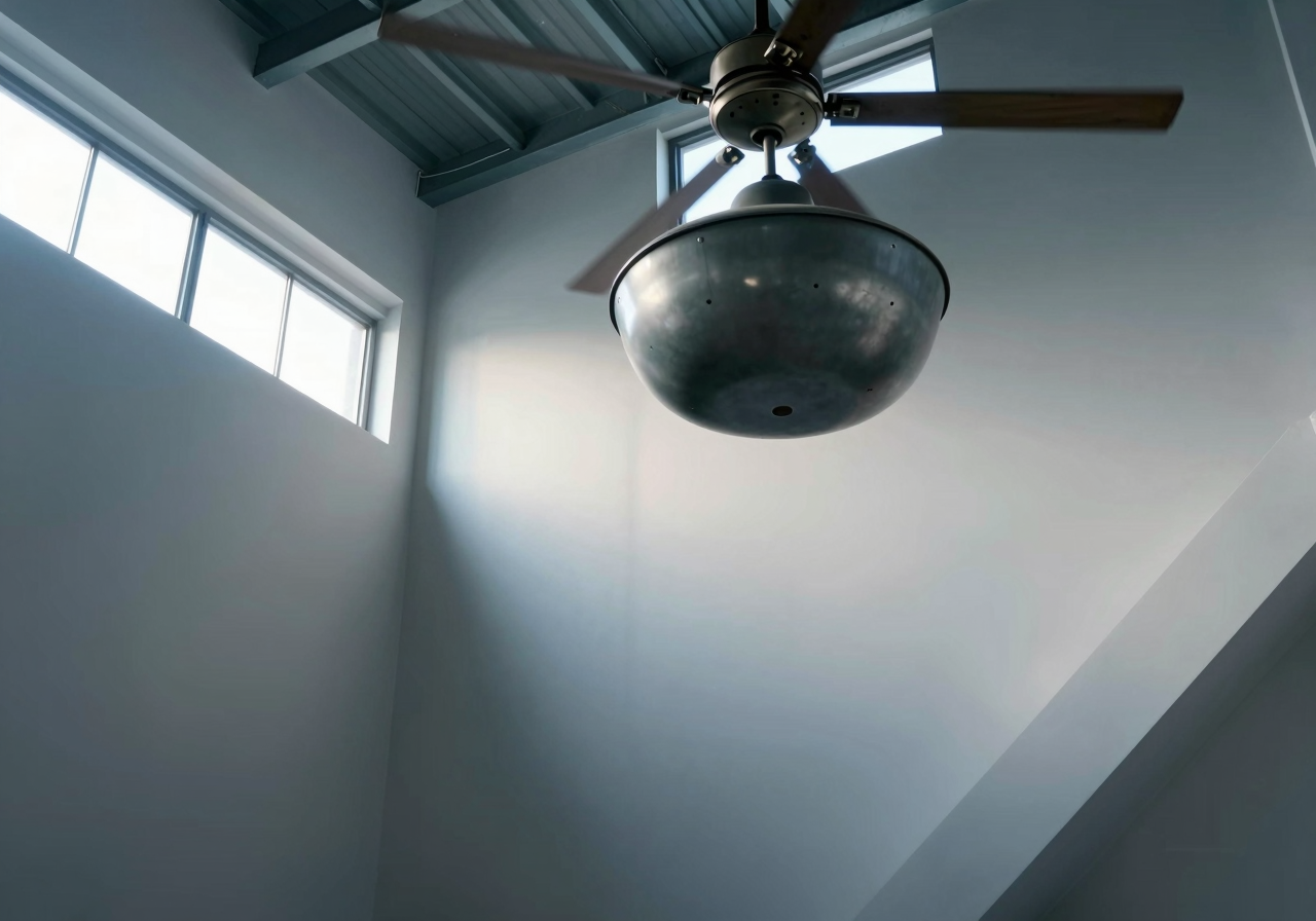 A large steel ceiling fan turning in a tall empty loft lit by high clerestory windows