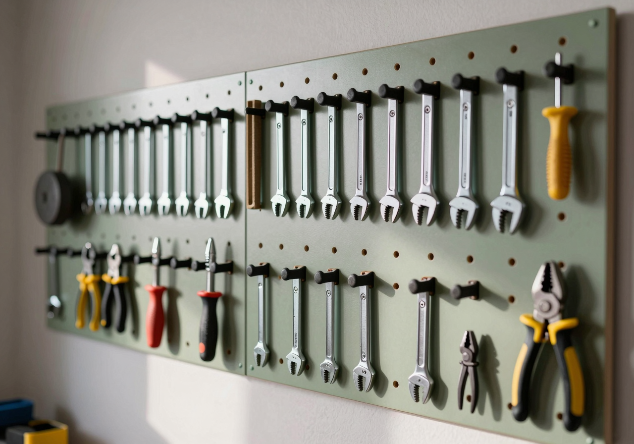 A pegboard wall of hand tools hung in neat rows in a workshop
