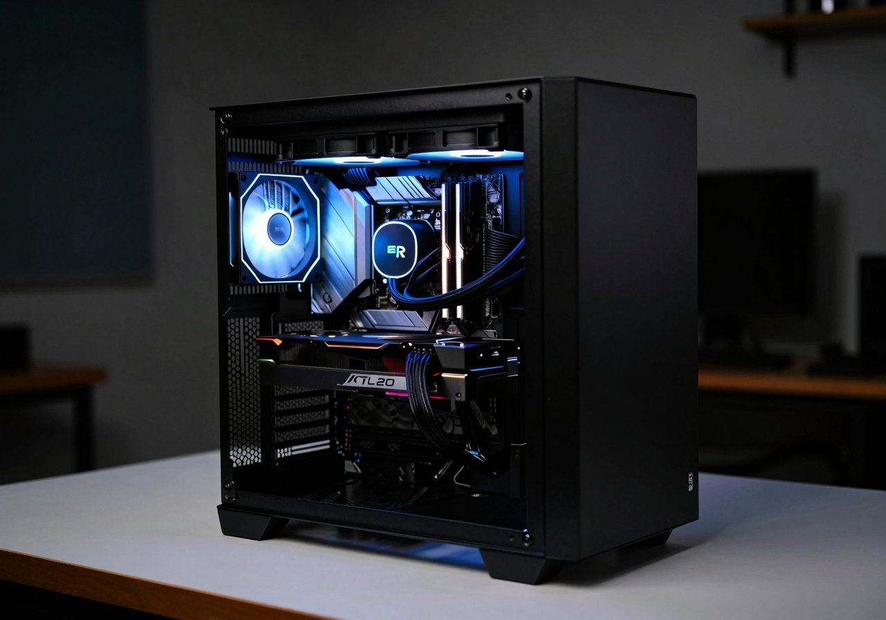 An open desktop computer case lit by soft blue light with a large graphics card fitted inside