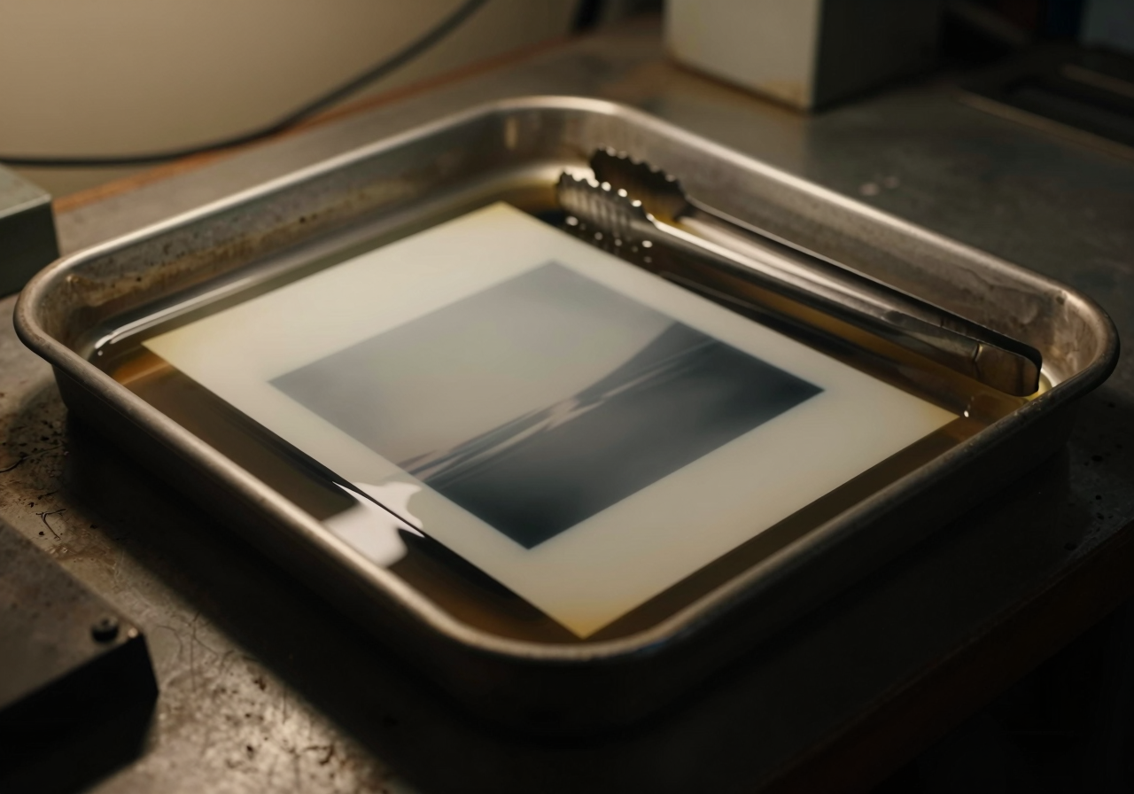 A single sheet of photographic paper in a shallow developing tray, a faint image just beginning to appear