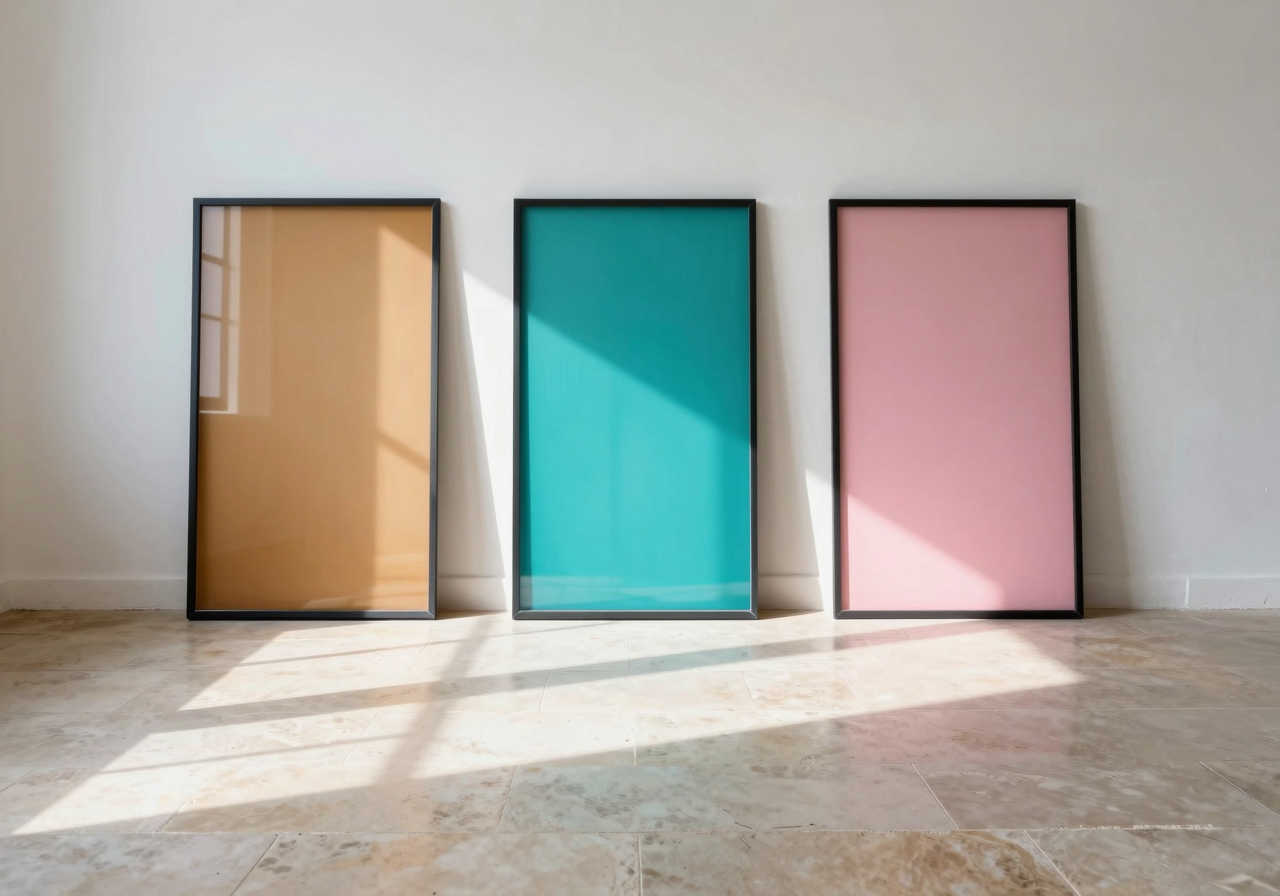Panes of coloured glass leaning against a whitewashed wall, casting sharp pools of colour on a stone floor