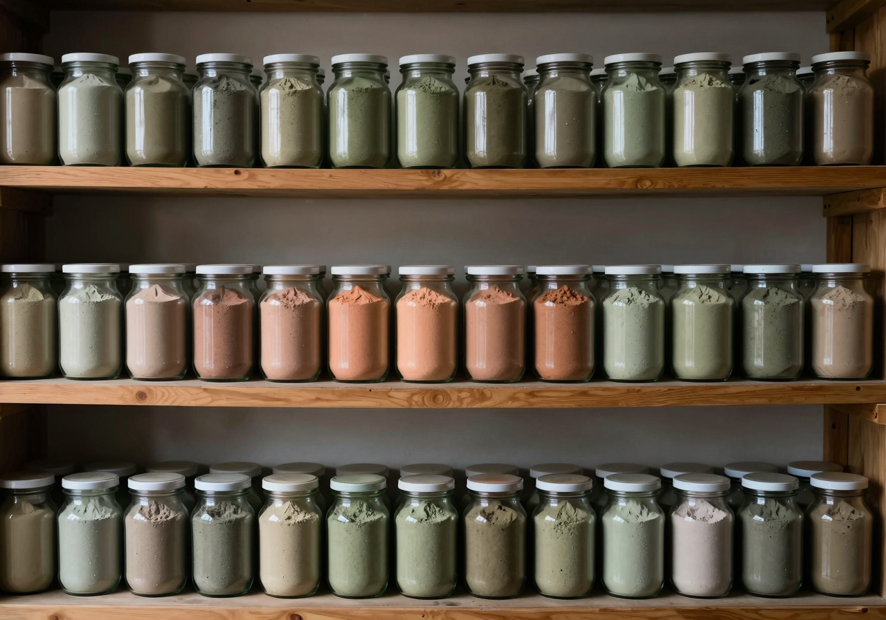 Rows of glass jars of dry pigment in muted colours on wooden shelves
