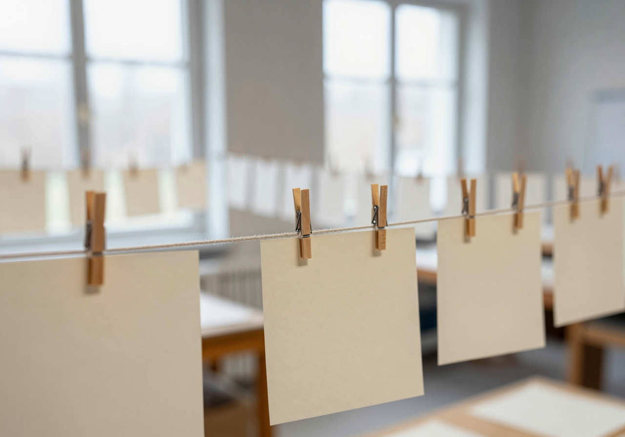Dozens of small prints pegged to strings strung across a bright workshop